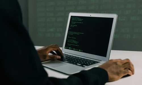 A focused adult working on a laptop demonstrates modern cybersecurity and coding skills indoors.